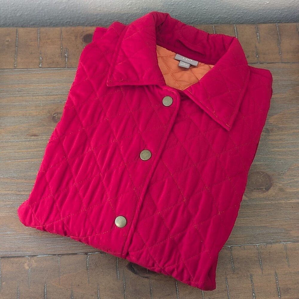 J. Jill Women's Size Medium Red Orange Quilted Lightweight Snap Closure Jacket